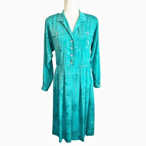 Vintage 80s Leslie Fay Teal Floral Embossed Jacquard Satin Pleated Shirt Dress - Picture 3 of 15